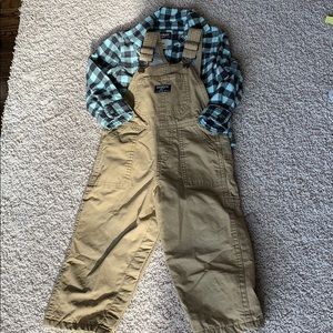 Oshkosh TAN Overalls with flannel shirt